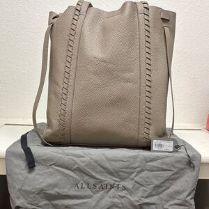 All Saints Taupe Leather Tote with Braided Detail